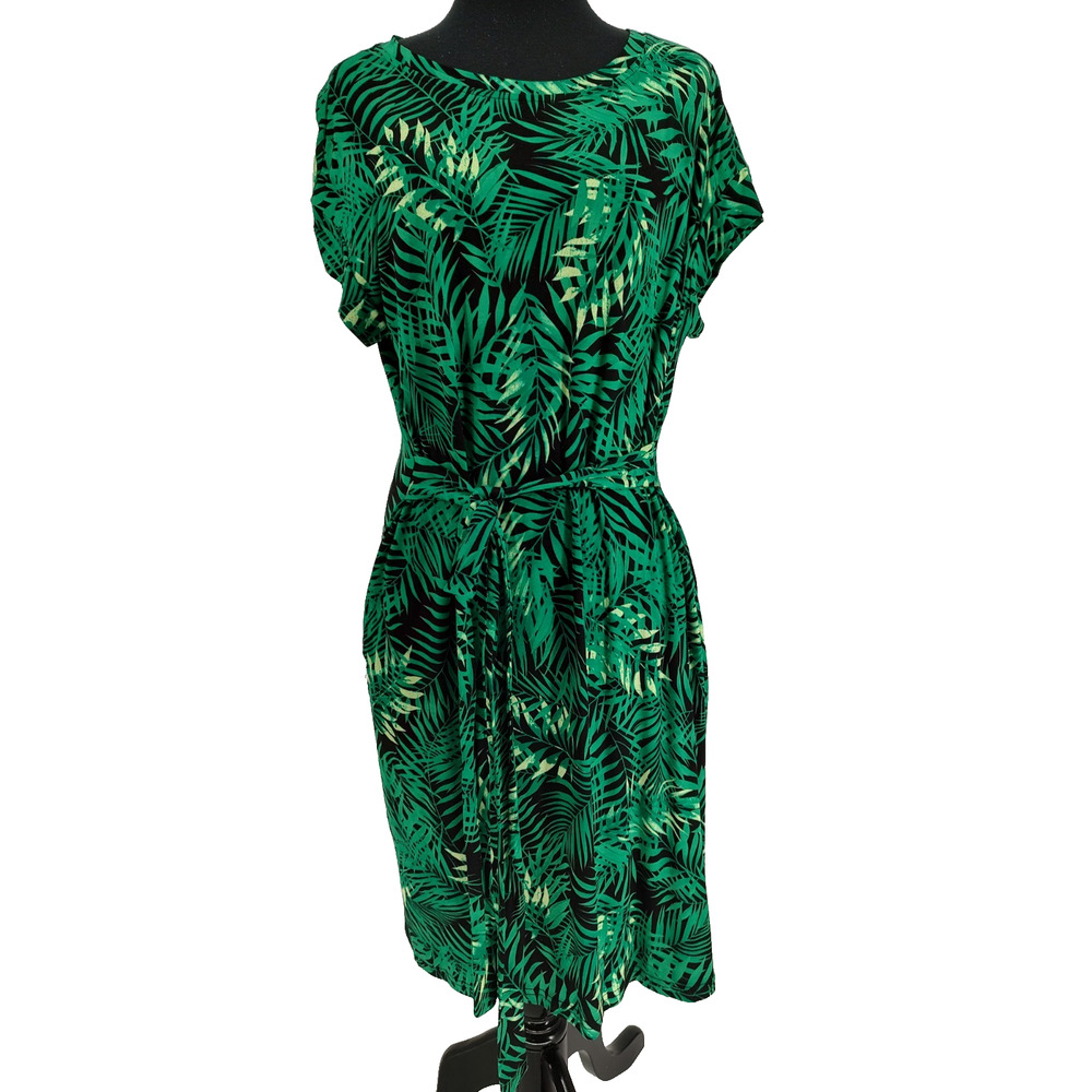 Popyoung NEW Woman Green Floral Shift Dress Size L Fabric Belt Pockets Stretch